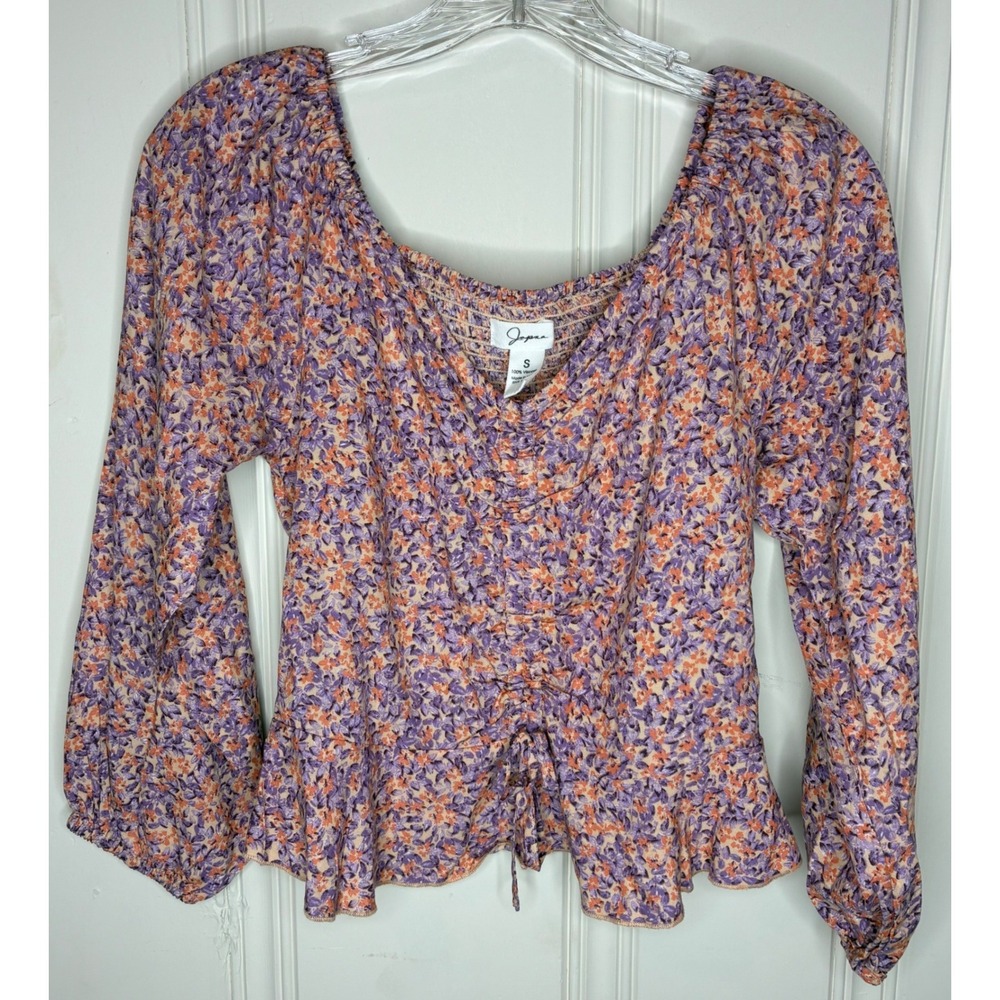 Japna Floral Long Sleeve Top Junior Sz S Ruched Smocked Peplum Milkmaid Coquette